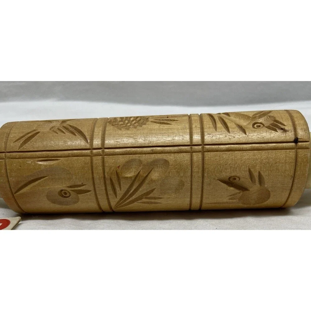 Vintage Carved Wooden Dough Rolling Pin Press for Springerle Cookies 14Lx2